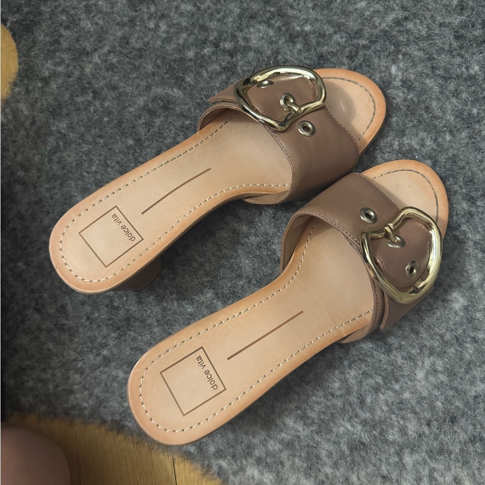 Dolce Vita Tan Leather Slide Mules with Gold Buckles